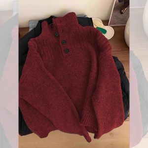 Christmas Wine Red High Collar Lazy Style Loose Knitted Womens Sweater Autumn Winter Spring Seasonal Bear Velvet Pull over Top