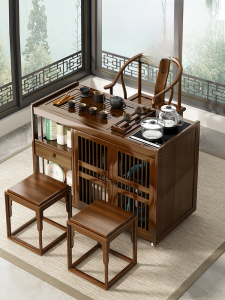Movable Tea Table Small Tea Table Solid Wood Tea Cabinet with Wheels Living Room Home Balcony Kettle Integrated Kung Fu Side Tea Table