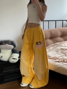 Dopamine Boosting Loose Fit Yellow Print Casual Sports Pants Womens Drawstring High Waist Straight Leg Wide Leg Sweatpants