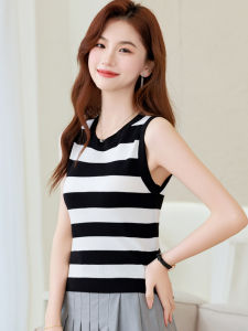 Ice Silk Vest Womens Summer Thin Short Sleeveless Top Black White Stripes Inner Wear Base Layer Knitted Shirt Slim Fit round Neck