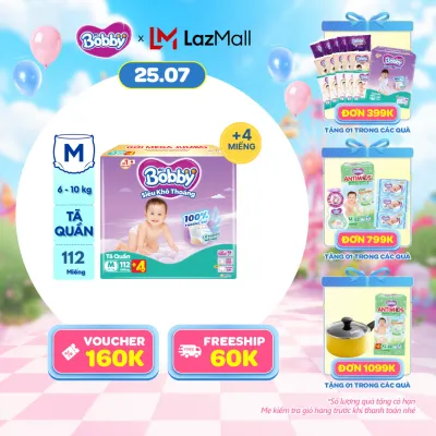 [SALE CUỐI THÁNG QUÀ TO][TẶNG MIẾNG NGẪU NHIÊN] Tã quần Bobby Siêu Khô Thoáng - 100% Thoáng Khí Mega Jumbo M112 (số miếng tặng thay đổi theo từng đợt nhập hàng)