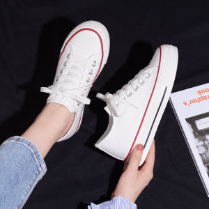 รองเท้าผ้าใบสีดําคลาสสิกสําหรับผู้หญิงที่มีส้นในเพิ่มสีสันบริสุทธิ์สไตล์การพักผ่อนส้นแบนพื้นหนารองเท้าสีขาว Ulzzang