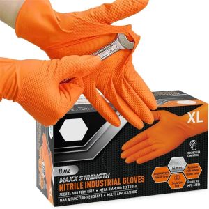 Heavy Duty Industrial Orange Gloves 8-mil Nitrile Disposable Gloves with Diamond Textured Grip Mechanic Tattoo Auto Work Gloves