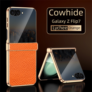 LANGSIDI Natural Leather Case for Samsung Galaxy Z Flip7 Flip6 Flip 7 FE 6 5 5G Hinge Protection Cover with Tempered Glass