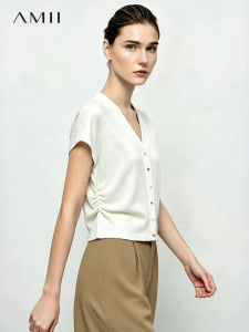 AMII | Casual V-neck Color Block Stone Button Refreshing Knit Cardigan