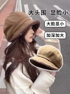 Womens Large Head Circumference Fleece Lined Octagonal Winter Hat Casual Style Bucket Hat Versatile Fisherman Cap Autumn Winter New Arrival