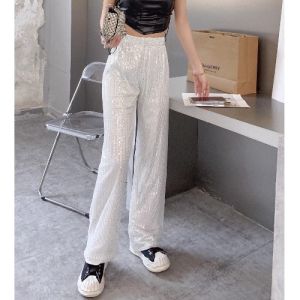 Shiny Sequin Wide Leg Pants High Waist Velvet Straight Cut Long Pants Sparkling Commute Style Korean Fashion Casual Trousers