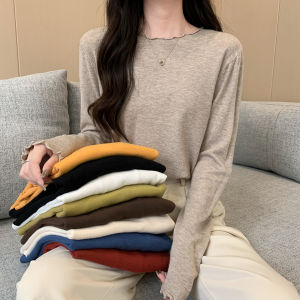 Fall Korean Style Loose Long Sleeve round Neck Knitted Sweater Womens Inner Wear Pure Color Versatile Wood Grain Edge Design