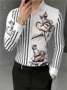 Autumn New Arrival Florals Stripes Patchwork Men Casual Shirt Handsome Trendy Fashion Mens Clothing Silm Printed Shirt Mens