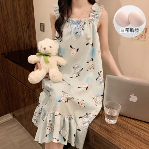 ชุดนอนผู้หญิงแขนกุดคอเหลี่ยมพิมพ์ลายสุนัขแอนิเมชั่น ผ้าฝ้ายแท้บาง หลวมๆ ฤดูร้อน 2025 ใหม่ ชุดนอนสบายๆ สไตล์หวาน