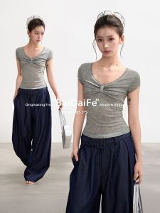 BAIDAIFEI | Áo Thun Nữ Dáng Ôm Ngắn Tay Voan V-Neck