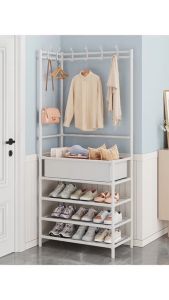 ราวแขวนเข้ามุม ราวแขวนผ้า ราวแขวนเสื้อผ้าเข้ามุม มีตะขอแขวนให้ 6 ตัว พร้อมชั้นวางของแบบกระเป๋าป้องกันฝุ่นละออง/ชั้นวางรองเท้า พร้อมส่ง QM