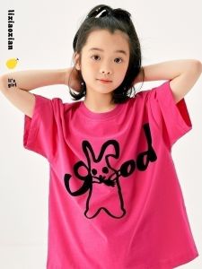 Original Design Hand-Drawn Rabbit T-Shirt Childrens Summer Casual Short Sleeve Cotton Top for Girls Colorful Dot Print