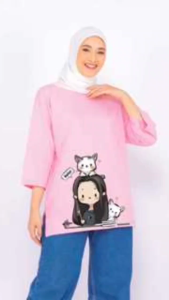 Forever Cloth - Kaos Oversize Wanita Lengan 7/8 Bahan Cotton Combed 24s Motif Sablon Print Dtf Edisi Helllo Cat