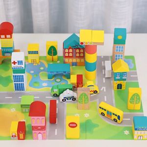 Đồ chơi mô hình thành phố bằng gỗ 62 chi tiết khối xếp hình xây dựng cho bé