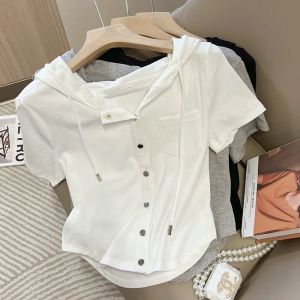 Slim Fit Short Sleeve Hoodie Womens T-Shirt Design Sensation Pure Color Asymmetrical Summer 2025 New Sweet And Spicy Style