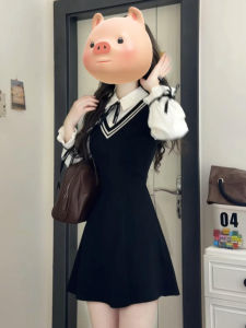 Homecore | Atmosphere Stylish College Fake Two-Piece Fitting Waist Cinching Black Dress