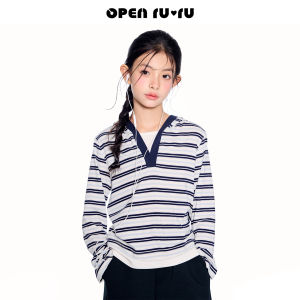 opennunu | Hooded Design Knitted Long Sleeve Stripe Tunic Top