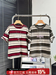 Miaobakids Childrens Casual Striped Short Sleeve T-Shirt Summer New Style Versatile Mid-Large Childrens Fashionable Top for Boys