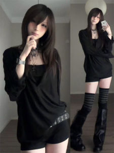 Elegant V-Neck Long Sleeve T-Shirt Womens Casual High Street College Style Black Top for Spring Autumn Simple Versatile Fashionable