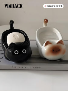 Ceramic Siamese Cat Soap Dish That Spits Water Bathroom Drain Dish Cute Cartoon Style Bathroom Storage Organizer Handmade