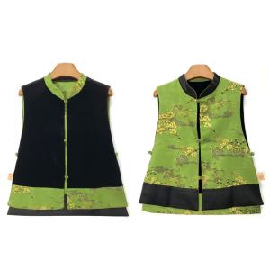 Double-Sided Wear Velvet Jacket Chinese Style Stand Collar Side Slit Button-Up Womens Vest Outerwear Retro New Style