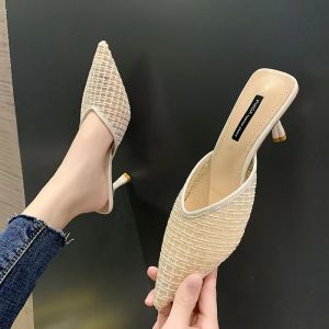 Giày Cao Gót Mũi Nhọn Kiểu Pháp Gợi Cảm Cho Nữ Mùa Hè 2024 Giày Lười Đế Bằng Hở Mũi Gót Mỏng Đa Năng Thời Trang Thường Ngày