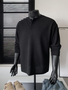 OUMULONG | Black Henry Neck Textured Stripe Long Sleeve T-Shirt Crewneck Sweatshirt