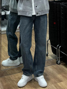 กางเกงยีนส์ทรงตรงผู้ชายเอวสูง ทรงหลวม สไตล์อเมริกัน กางเกงขายาวทรงตรงสำหรับใส่ทำงานในฤดูใบไม้ผลิและฤดูใบไม้ร่วง