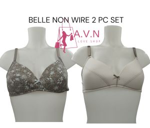 AVON Belle Non Wire 2 Pc Set Bra with Floral Pattern and Bow Detail. Brown floral pattern bra with bow detail and beige bra with bow detail.