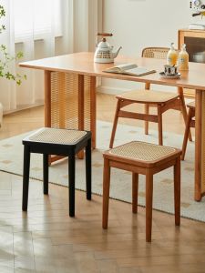 MU FENG ZHI NAN | Natural Wood Woven Rattan Stackable Mid-century Stool