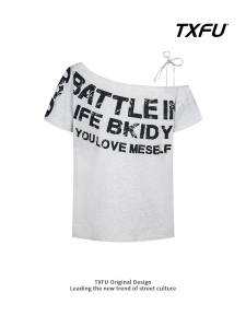 American Retro Hot Girl Diagonal Shoulder T-shirt Women Summer Letter Print Loose Lazy Style Shoulder Exposure Top Short Sleeve T