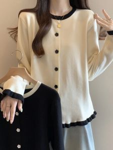 พลัสไซส์ ถัก คาร์ดิเกน ผู้หญิง แจ๊กเก็ต ลำลอง เดินทางสไตล์ปุ่มรายละเอียดบล็อกสีแขนยาวคอกลม เสื้อสเวตเตอร์