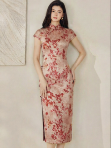Roey s house | Elegant New Chinese Style Satin Cheongsam Open Slit Floral Buttoned Collar Dress
