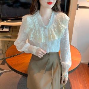 Spring Autumn 2023 New Lace Long Sleeve Womens Blouse Chiffon Top High End Fashionable European Style Small Shirt Button Detail