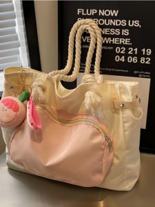 กระเป๋าผ้าใบทรงถุงซิปความจุขนาดใหญ่สำหรับเด็กนักเรียน กระเป๋าสะพายไหล่ลายการ์ตูนสีชมพู กระเป๋าสะพายไหล่แบบลำลองสำหรับเยาวชน