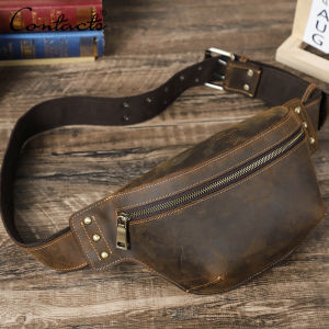 CONTACTS Genuine Leather Mens Waist Bag  Chest Bags For Male Portable Phone Bags Multifunctional Crossbody Waist Bag