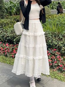 White High Waist A-Line Mini Skirt Womens Spring Summer Autumn 2025 New Style Fairy Lace Puffy Skirt Sweet Countryside