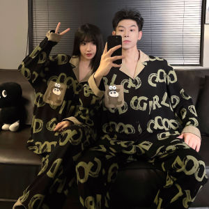 Couples Long Sleeve Long Pants Sleepwear Womens Style with Chest Pad Mens Home Clothes Three-Piece Set Summer Autumn