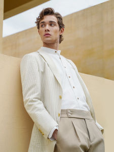 Business Casual Striped Slim Fit Bubble Gauze Suits Beige