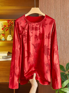 Retro Chinese Style Silk Shirt round Neck Loose Fit Embroidered Asymmetrical Slit Buckle Fastening Silk Spring New Arrival