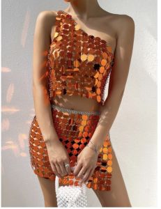 y See through sequin One Shoulder Crop Tops for Women fashion Trendy Nightclub Party Paillettes Crop Top Sequined Skirt Y2k