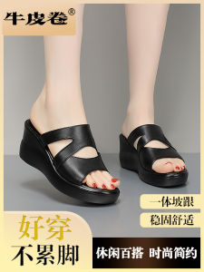 Summer 2024 Heel Thick Bottom Fish Mouth Womens Slippers Soft Sole Mom Sandals Top Layer Cowhide Shoes Simple Hollow out Design