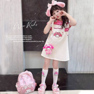 Summer Dress for Kids Girls 3-15Years Old Strap Stripe Dress Kuromi Melody Dress Fake Two Piece Cute Dress Teenage Dress Party Birthday Girl Princess Dress Short Sleeve Cartoon Dress Fashion