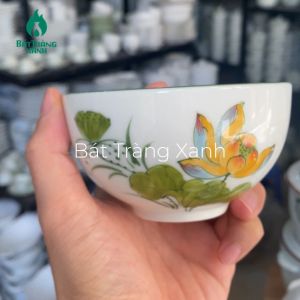 Set Bát Cơm (chén cơm) Bát Tràng Cao Cấp Hàng Loại I - Bộ Bát Ăn Cơm Men Kem Vẽ Tay Hoa Sen Cam