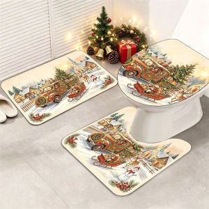 VIKAMA Christmas Red Truck 3 Piece Bathroom Rug Set Non Slip Soft Washable Holiday Bath Mat For Bathroom Shower Home Decor