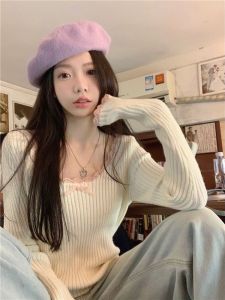 Sweet Lace Long Sleeve Knitted Sweater Womens Style Butterfly Knot Design Slim Fit Base Shirt Top Soft Polyester Fabric
