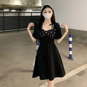 plus Size French Style Floral Print Dress Womens Summer Slimming Black Dress Square Collar Bubble Sleeve High Waist Tourist Wear
