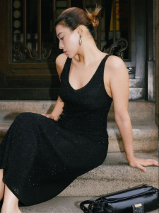 Glimmer Night Banquet Glitter Fish Tail Linen Feel Yarn V-neck Waist-accentuating Slimming Dress