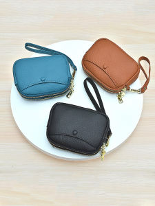 New Womens Top Layer Cowhide Mini Wallet Double Zipper Solid Color Handheld Casual Key Card Soft Leather Purse